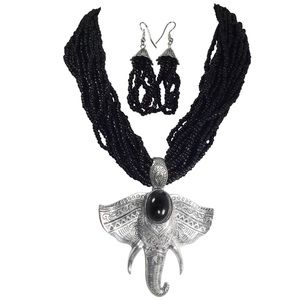 Large Elephant Head On Layered Seed Bead Necklace Earrings Set